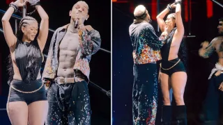 Chris Brown geeft hitsige fan een pikante lapdance op het podium