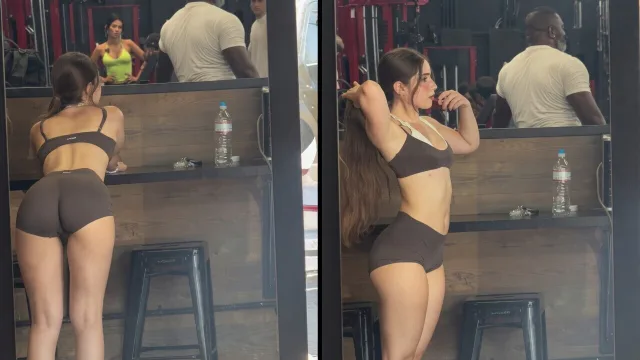Sportieve tante leidt met haar outfit behoorlijk af in de sportschool